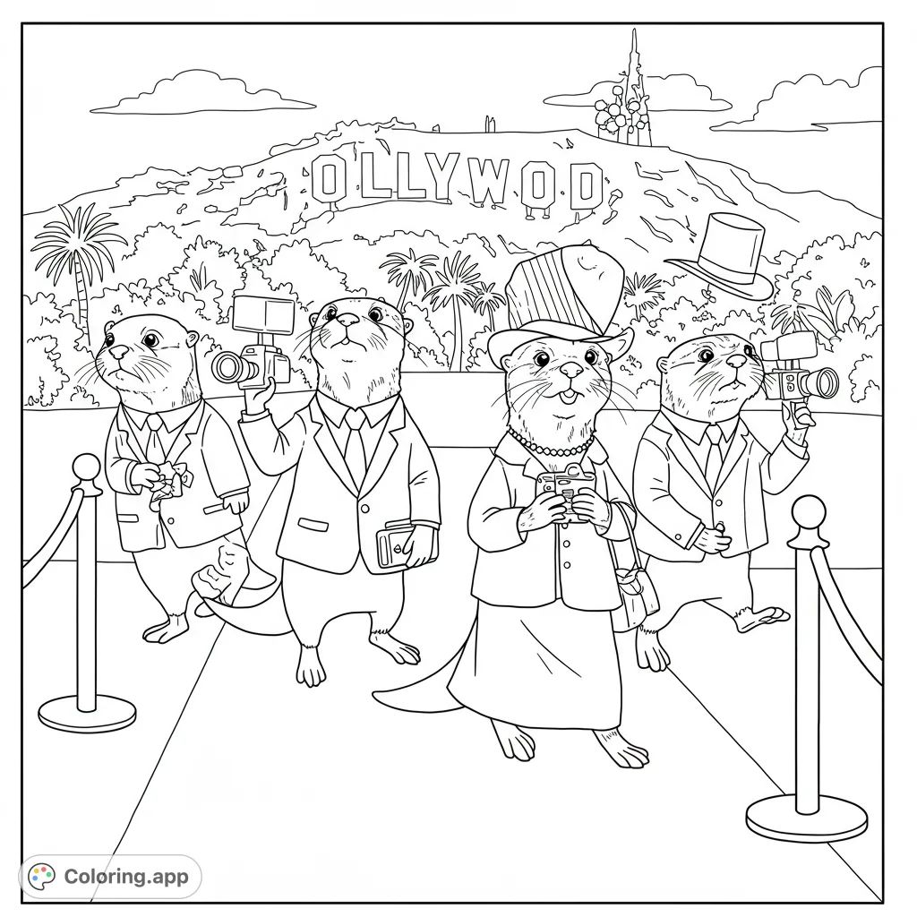 Charming otters on a Hollywood red carpet, dressed in suits and hats, ready for their close-up! A fun, free printable celebrity animal coloring page.