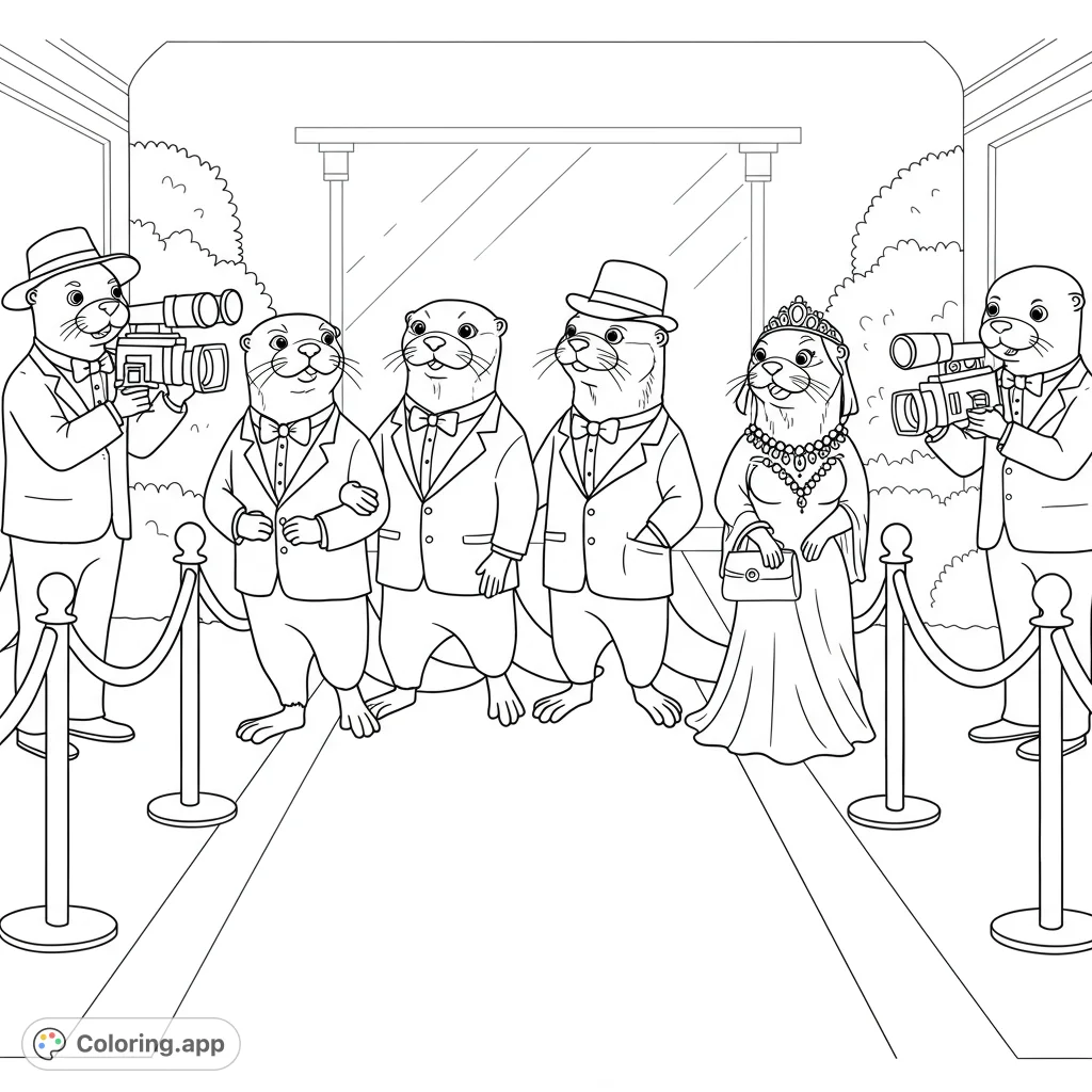 Step onto the red carpet with dapper otters in suits and gowns, captured by paparazzi. A glamorous otter coloring page for all ages.