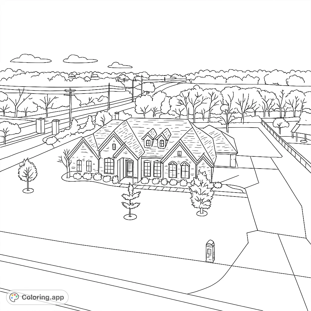 Color a beautiful suburban home with a detailed roof, lush lawn, and expansive landscape. Perfect for all ages to personalize.