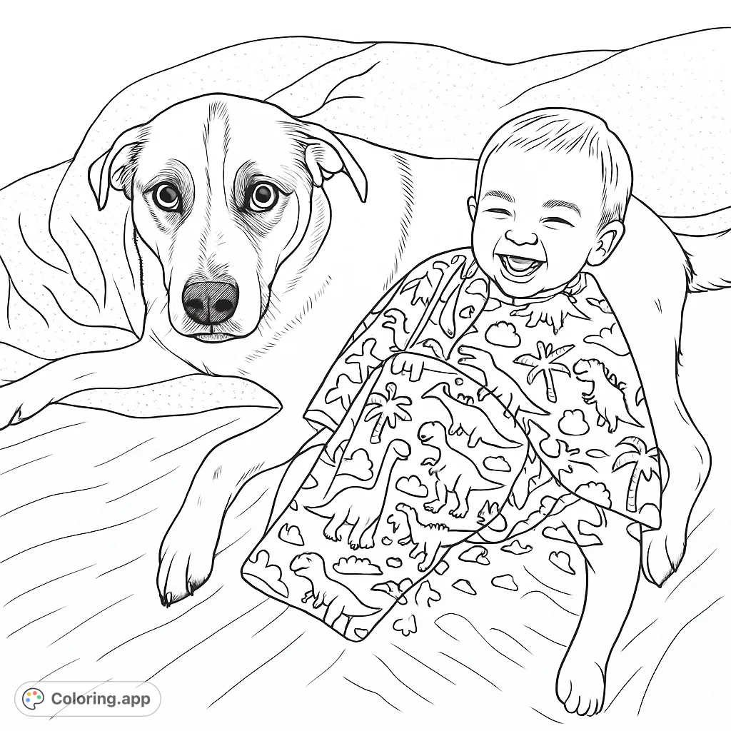 A heartwarming free printable baby and dog coloring page featuring a laughing baby and a loyal dog, perfect for kids and adults.