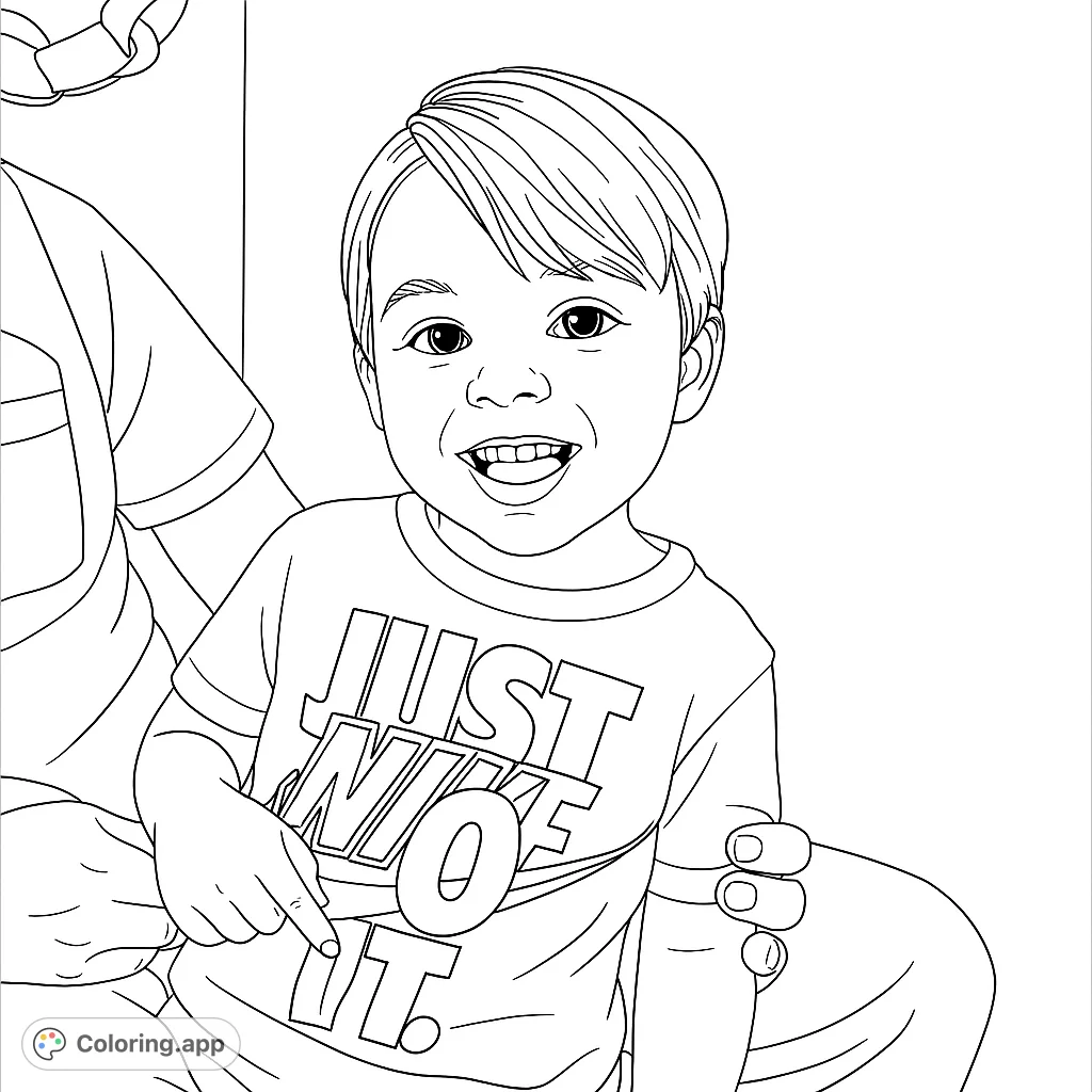 A joyful child smiles brightly, pointing to their shirt, in this delightful and engaging free printable kids coloring page.