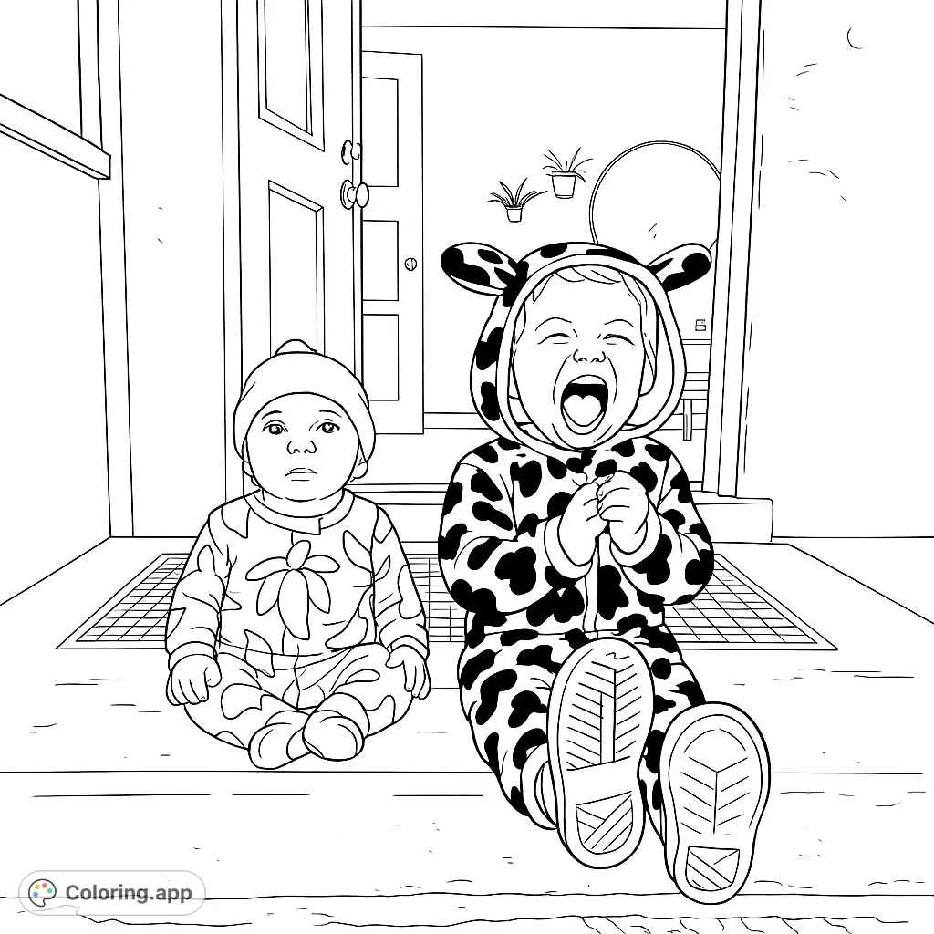 Two adorable babies on a doorstep, one in a cow costume, perfect for a charming and playful coloring experience. Free printable fun!