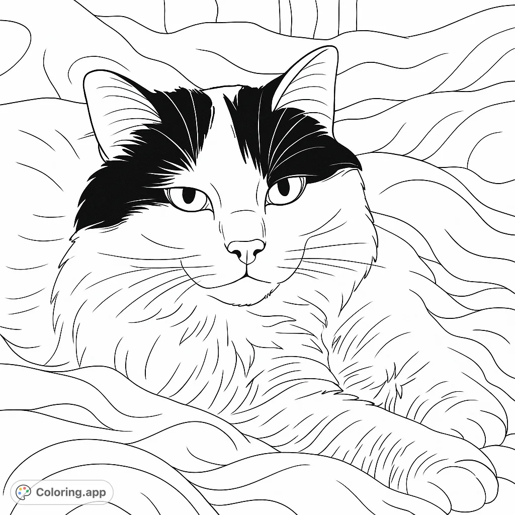 A charming fluffy cat coloring page, perfect for pet lovers! This free printable features a relaxed feline with distinct markings, ready for your creative touch.