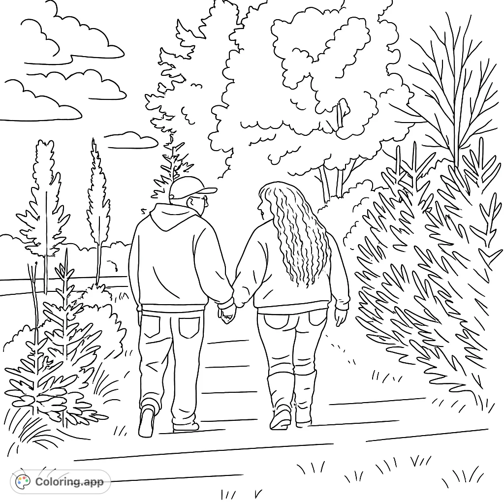 Color a romantic walk in nature! A couple holds hands, strolling through a serene landscape with trees, bushes, and clouds.