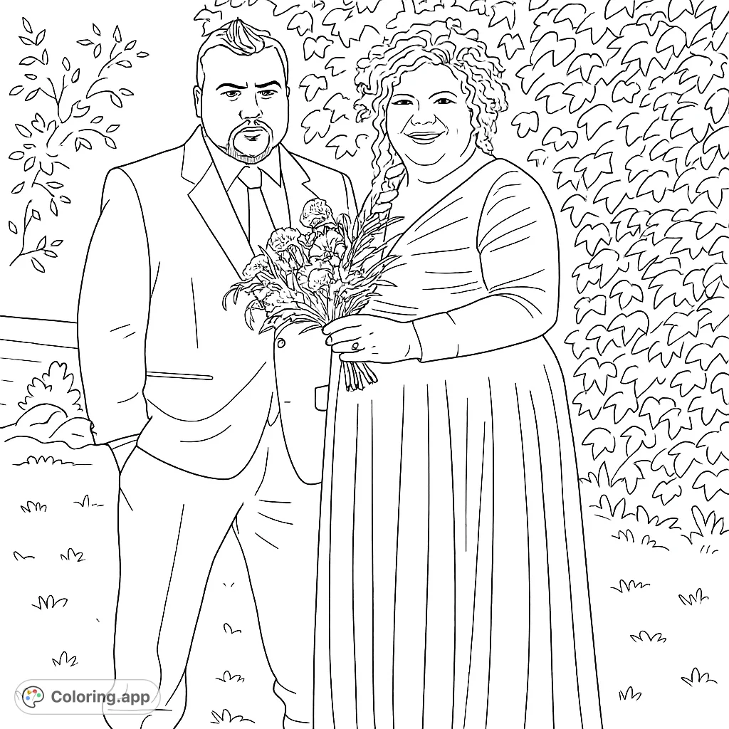 A beautiful wedding couple stands together, the bride holding a detailed bouquet, set against a lush natural background. A perfect wedding couple coloring page.