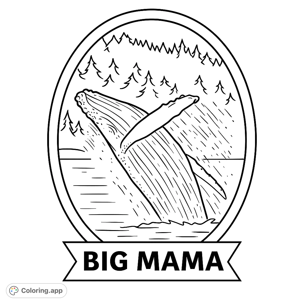 Dive into nature with this majestic breaching humpback whale coloring page. Features a dynamic whale, serene mountains, and evergreen trees within an oval frame.