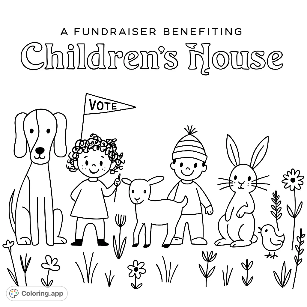 A delightful children and animals coloring page featuring a dog, two kids, a lamb, rabbit, and bird amidst flowers. Free printable coloring page for joyful creativity.