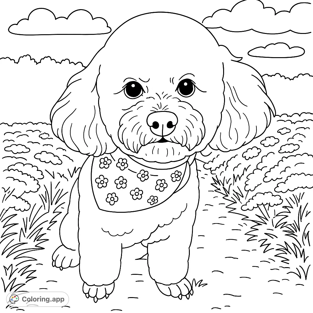 Adorable poodle with a floral bandana sits in a grassy field under fluffy clouds. A charming free printable dog coloring page for all ages.