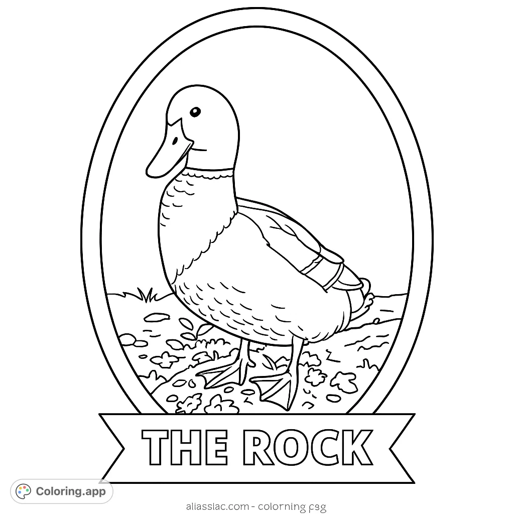 A charming duck stands within an oval frame, ready for vibrant colors. A free printable duck coloring page for kids and adults to enjoy.