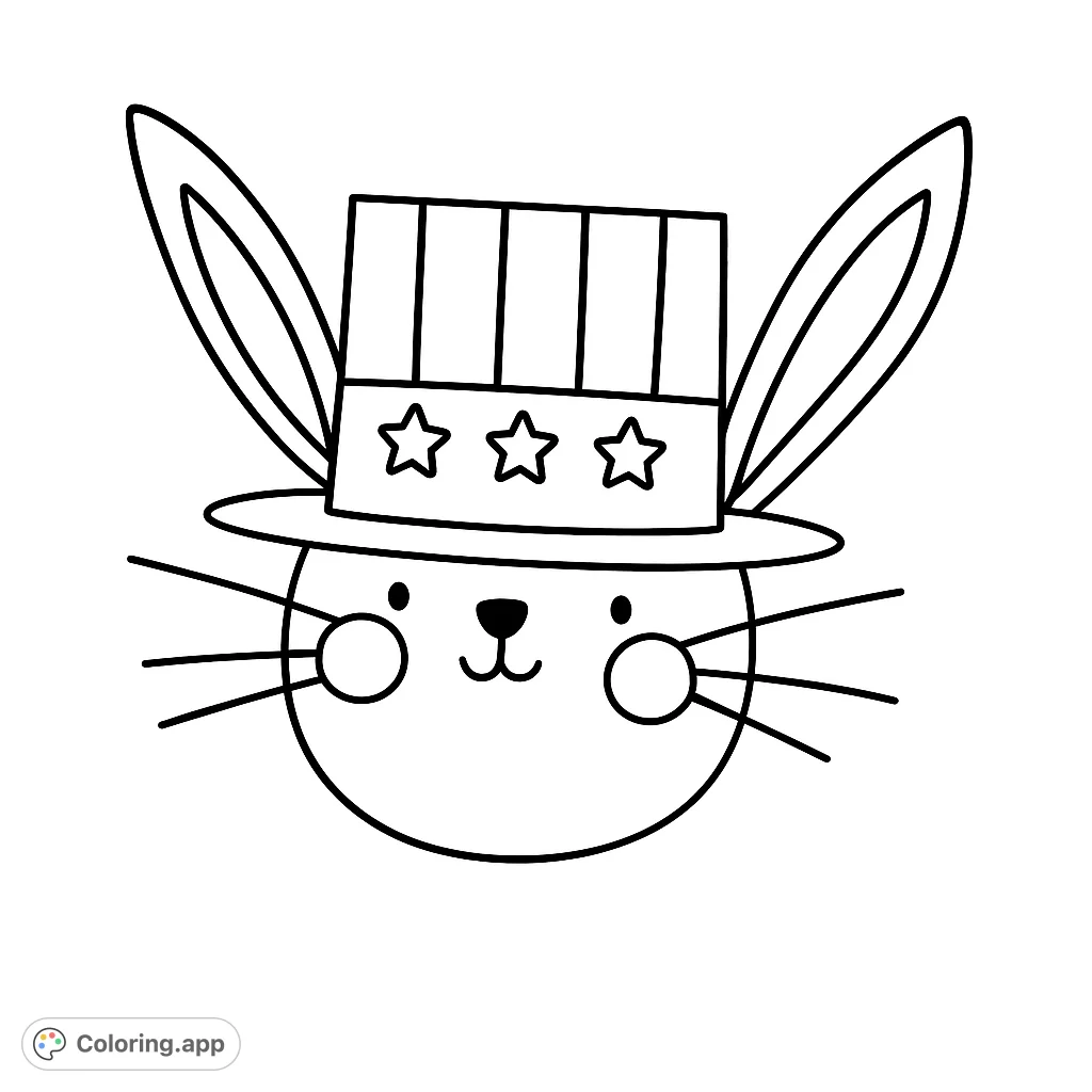 A cute patriotic bunny head wearing an Uncle Sam hat with stars and stripes, perfect for festive coloring fun. Free printable design for all ages.