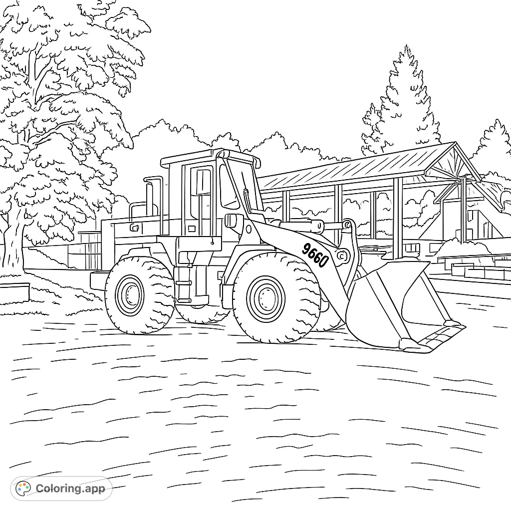 A powerful front-end loader ready for action, set against a backdrop of trees and a covered structure. Perfect for construction vehicle enthusiasts!
