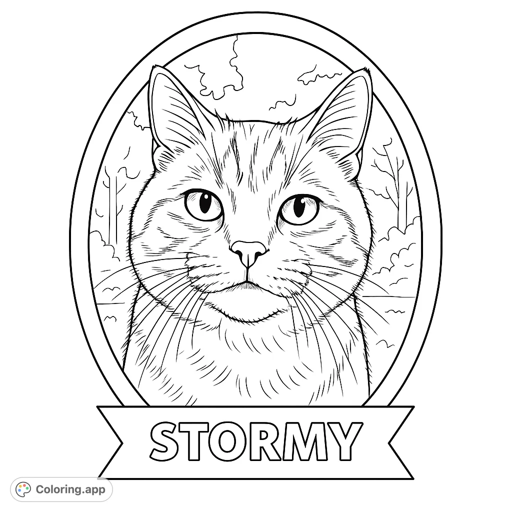 A charming cat portrait within an oval frame, featuring detailed fur textures and an empty banner for personalization. Perfect for cat lovers.