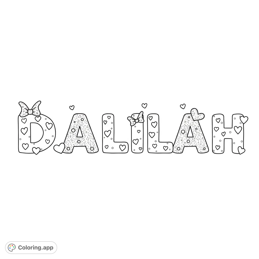 A charming Dalilah name coloring page featuring bubble letters adorned with hearts, circles, and bows. A free printable coloring page for personalized fun.