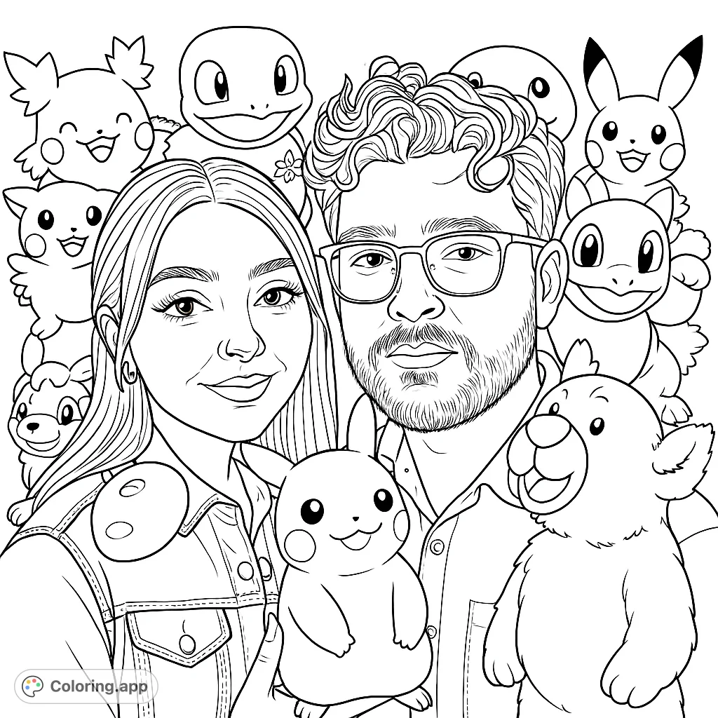 Color a charming fan art portrait featuring two people surrounded by an array of beloved cartoon characters, including iconic Pokémon. A free printable coloring page for all ages.
