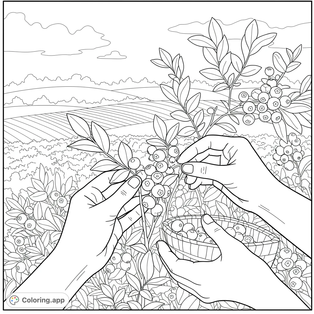 Delightful coloring page: Hands picking blueberries in an Oregon field. Features detailed lines, open spaces, rolling hills, and a summer sky.