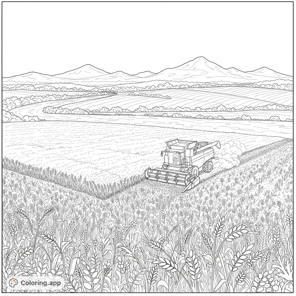 A detailed farm scene featuring a combine harvester working in a vast wheat field, with rolling hills and a river in the background. Perfect for all ages!