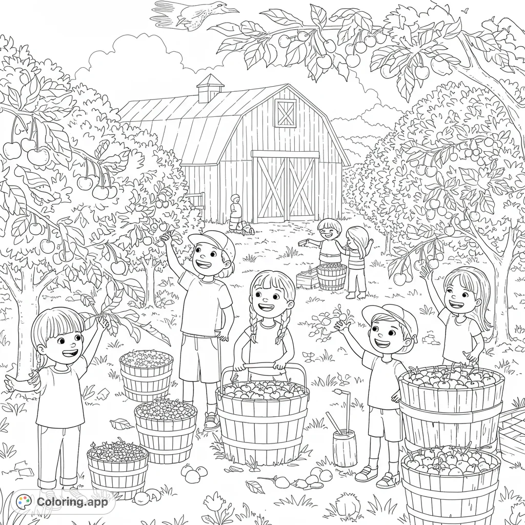 Join cheerful kids picking apples in a vibrant orchard scene with a rustic barn. A delightful free printable apple picking coloring page for all ages!