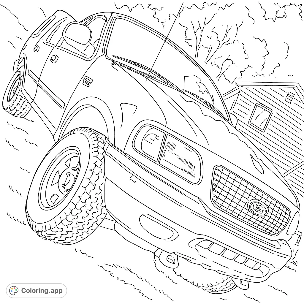 Dynamic SUV coloring page, perfect for vehicle enthusiasts. Features a large SUV tilted on an incline with detailed tires and a house background.