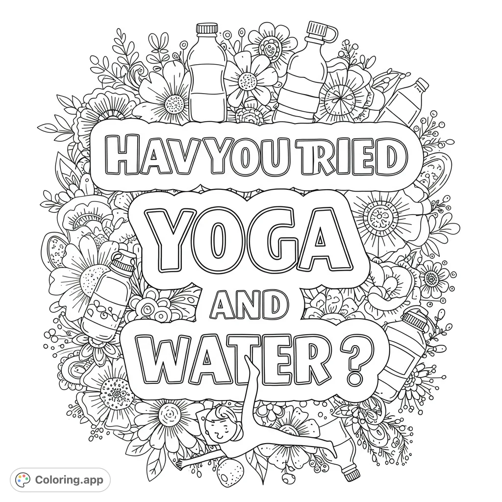 A refreshing yoga and wellness coloring page with a central quote, surrounded by intricate flowers, water bottles, and a serene yoga pose.