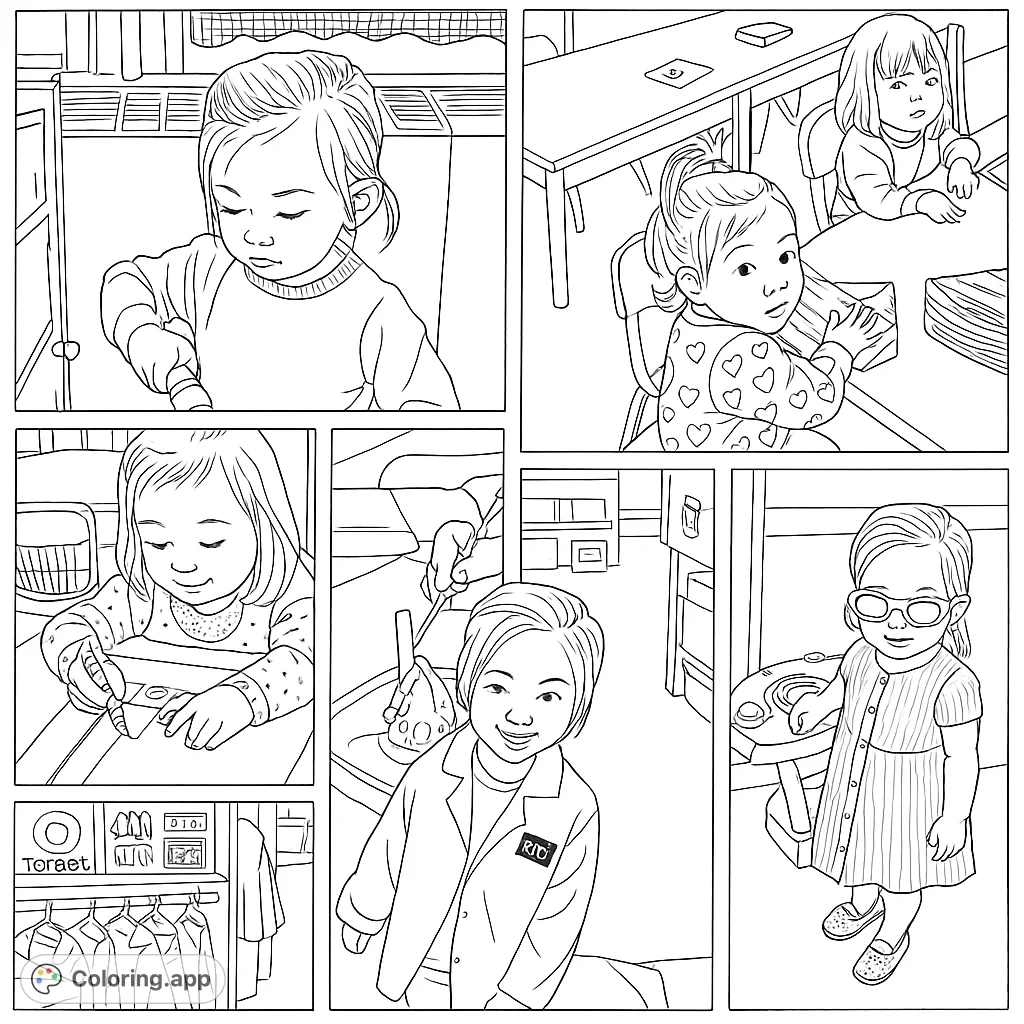 Explore a delightful multi-panel kids' activities coloring page featuring children engaged in various daily adventures, from drawing to science.