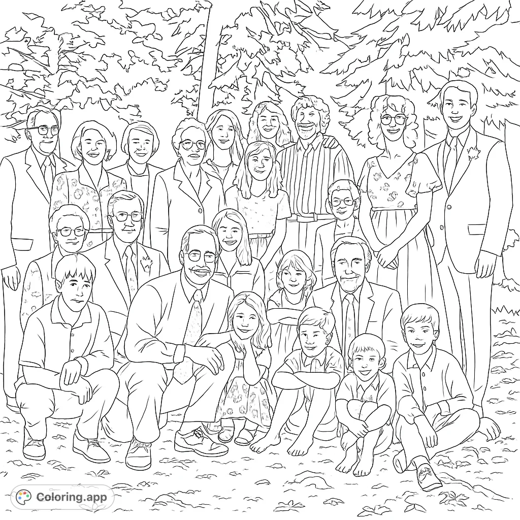 A heartwarming multi-generational family portrait coloring page, featuring adults and children posing outdoors amidst trees, perfect for all ages.
