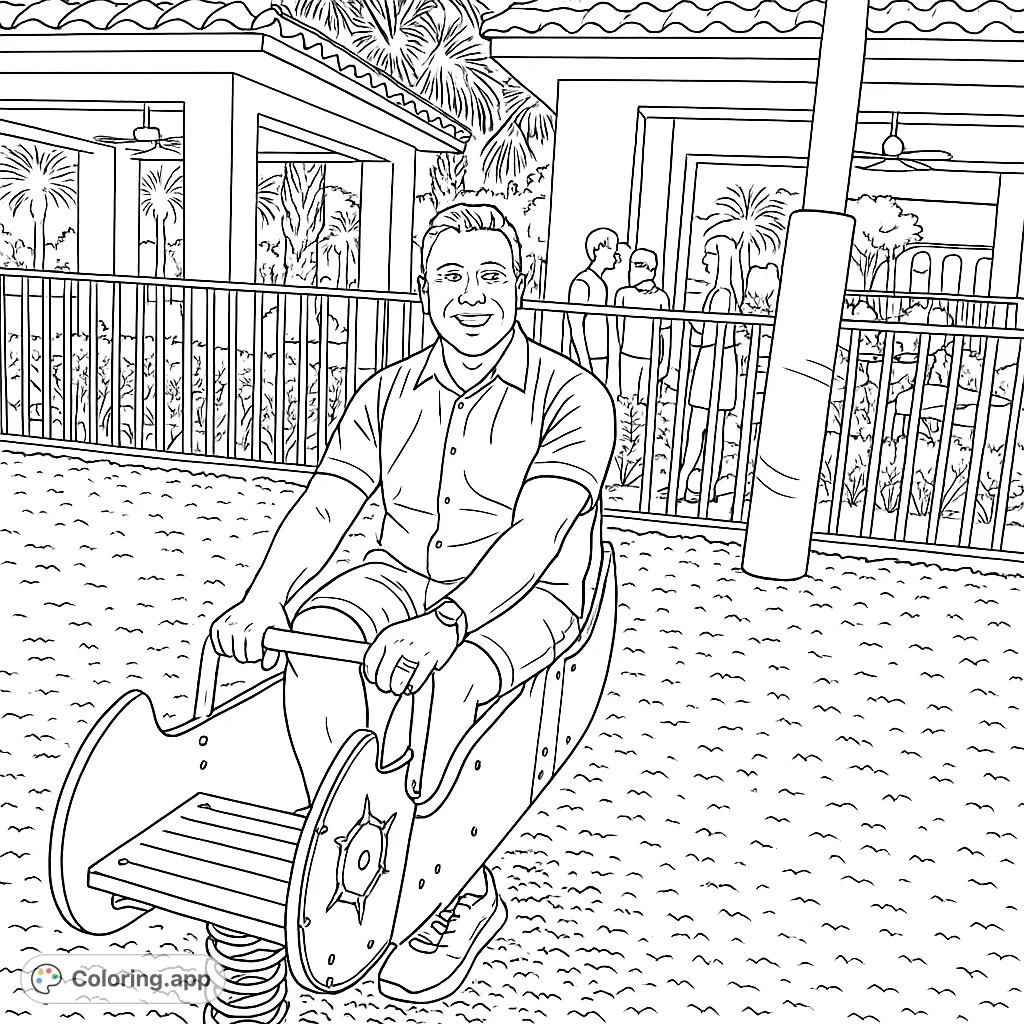 A cheerful man enjoys a spring rider at a sunny playground, surrounded by detailed fences, lush plants, and distant buildings. A fun, free printable coloring page.