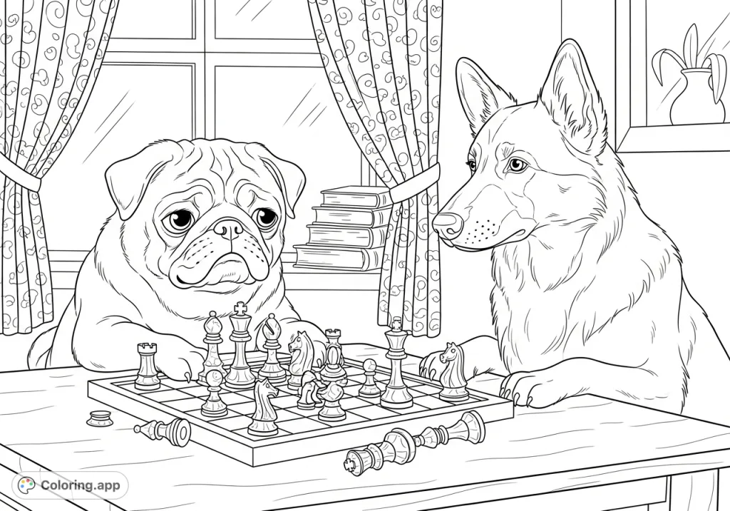 A humorous coloring page depicting a Pug and a Shepherd dog in a tense chess match, with the Pug clearly struggling and the Shepherd looking strategic.