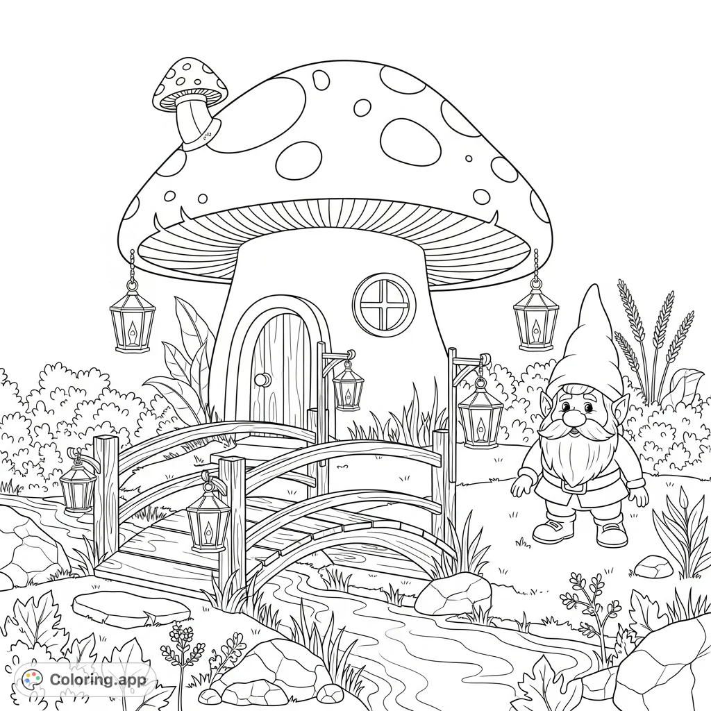 Explore a charming fantasy coloring page featuring a cheerful gnome, his cozy mushroom house, a rustic bridge, and glowing lanterns. Perfect for all ages!