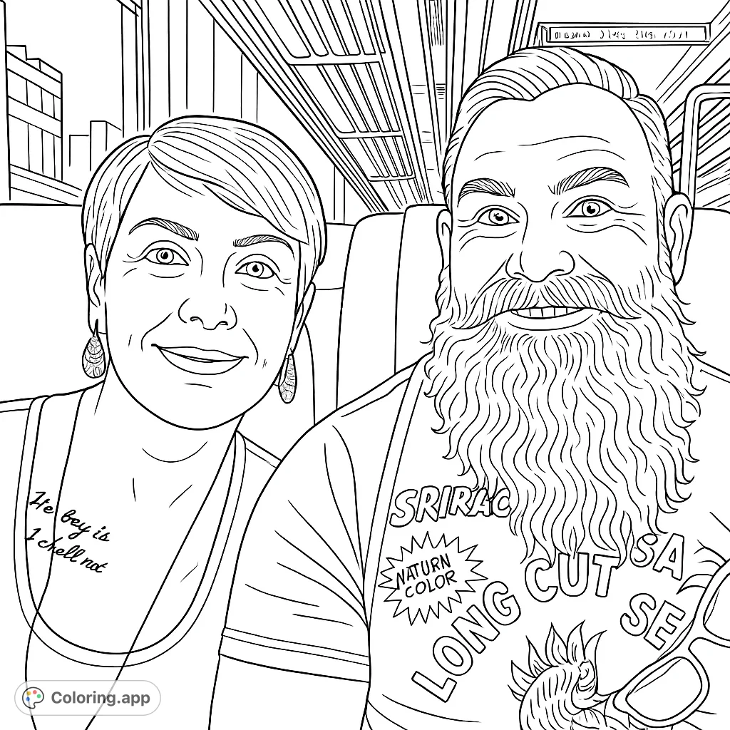 A delightful free printable travel coloring page featuring a happy couple on a train, perfect for all ages. Enjoy this journey-themed coloring page.