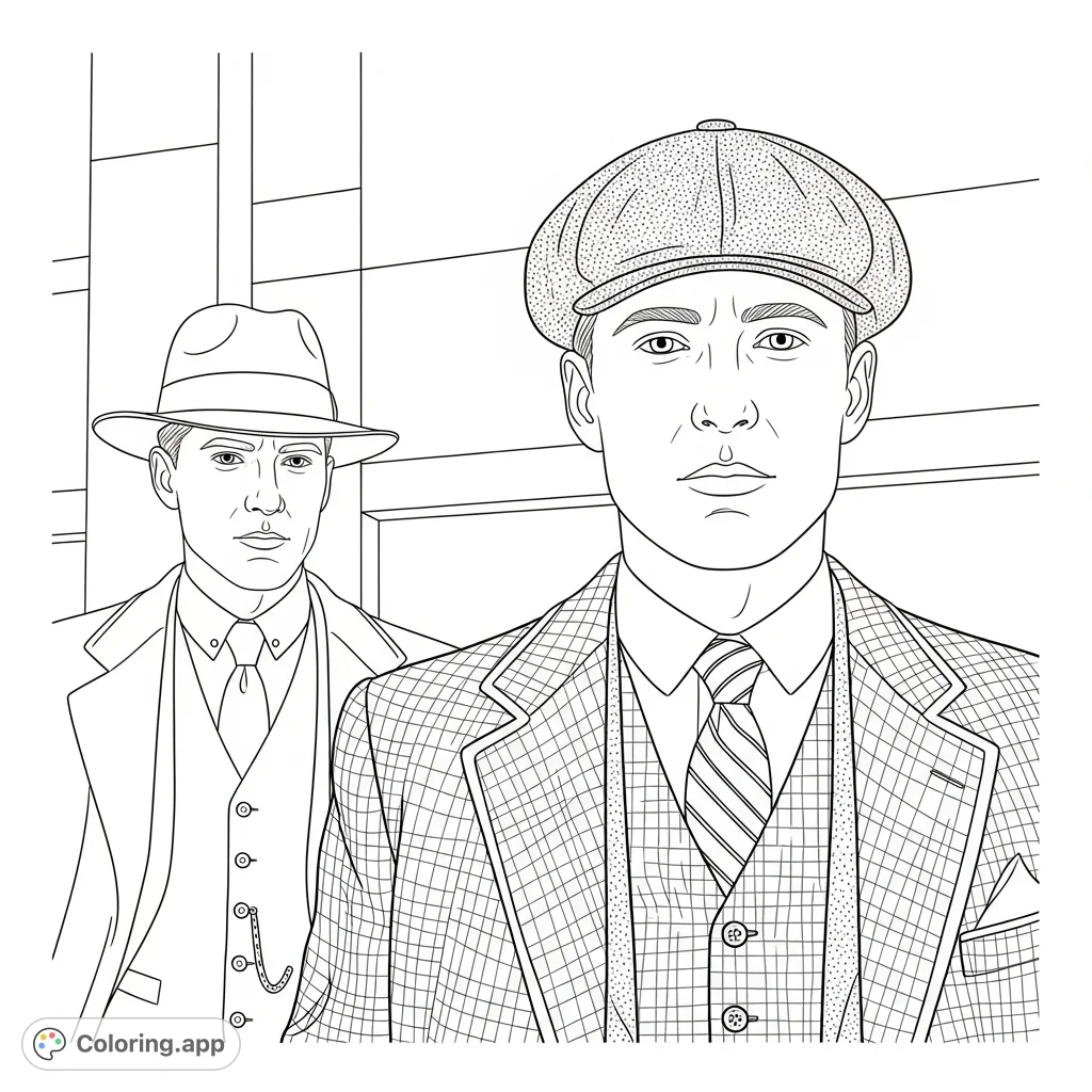 Step into the past with this detailed vintage attire coloring page. Two distinguished gentlemen in classic suits and hats await your creative touch.