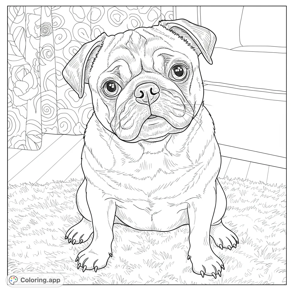 Discover a charming pug coloring page, intricately detailed with deep facial folds and a vintage aesthetic, set against a textured background. A delightful challenge for adult colorists.