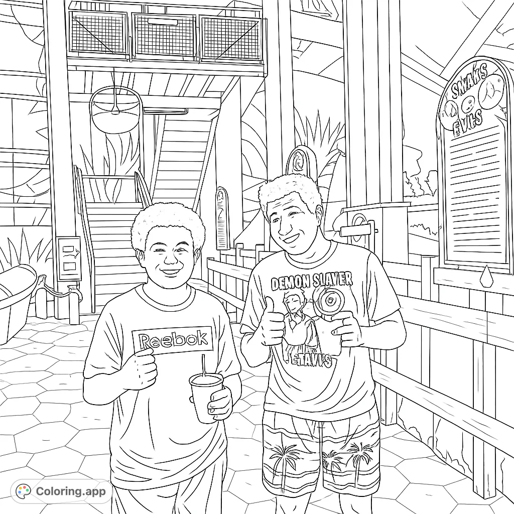 Two smiling individuals enjoy an exciting day at an adventure park exhibit, perfect for a fun family outing coloring page.