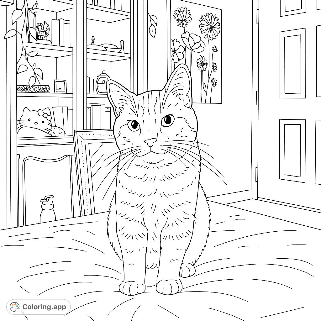 A charming cat sits front and center in a cozy room with a detailed bookshelf, floral art, and a Hello Kitty toy. Perfect for cat lovers!