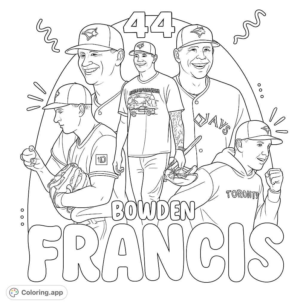 Dynamic baseball player collage featuring multiple poses, uniform details, and casual wear, perfect for sports fans. A free printable baseball player coloring page.