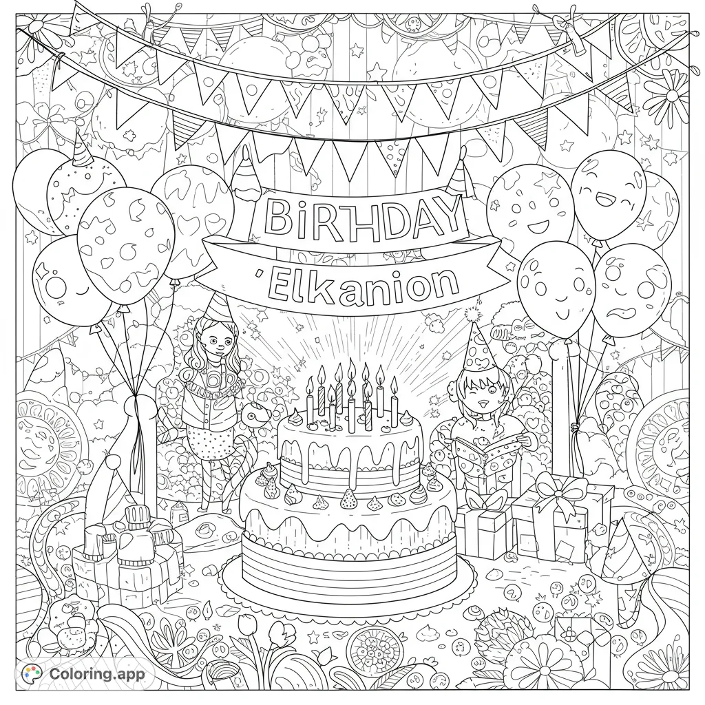 Celebrate with this detailed birthday party coloring page featuring a grand cake, happy children, balloons, and gifts, perfect for festive fun.