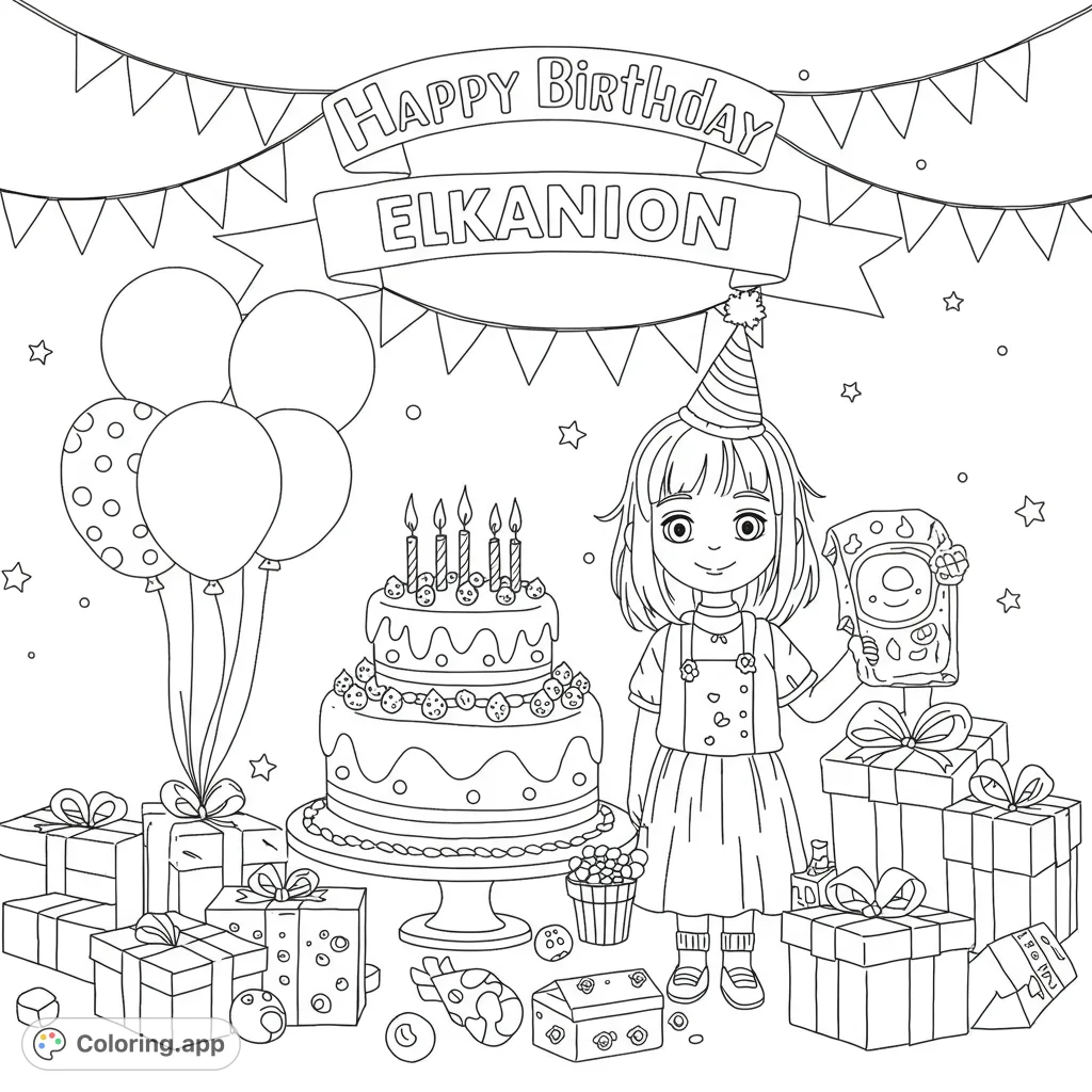 Celebrate with this festive birthday coloring page! A happy girl, tiered cake, balloons, and gifts await your vibrant colors.