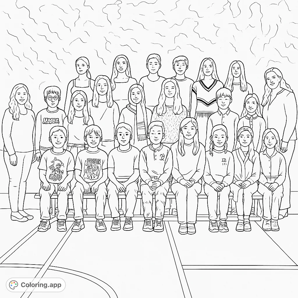 Capture the joy of a school group portrait with this free printable coloring page. Features smiling students and a teacher, perfect for all ages.
