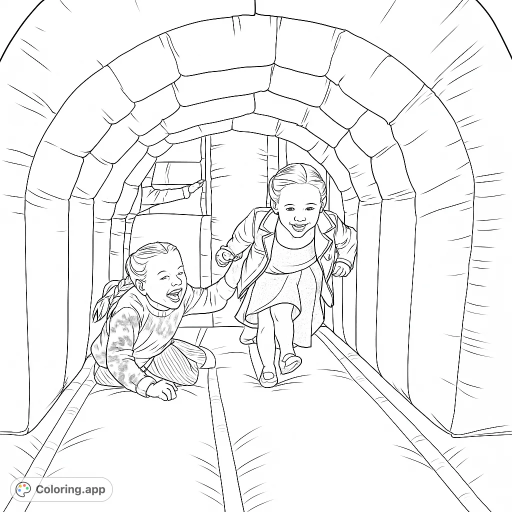 Two joyful girls playing in an inflatable bouncy house tunnel. A fun, free printable bouncy house coloring page for kids to enjoy!