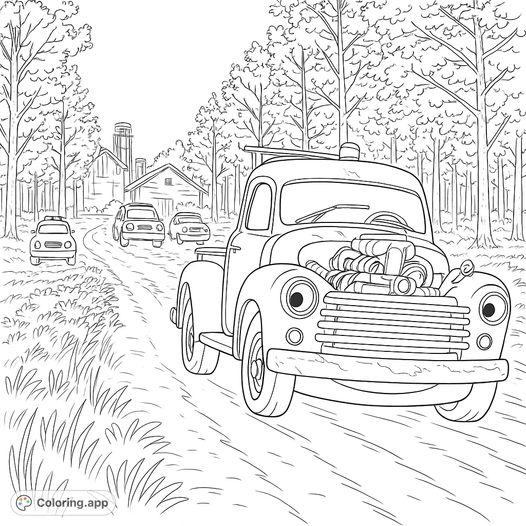 A classic pickup truck with an open hood on a country road, surrounded by trees and distant farm buildings. A nostalgic rural scene.