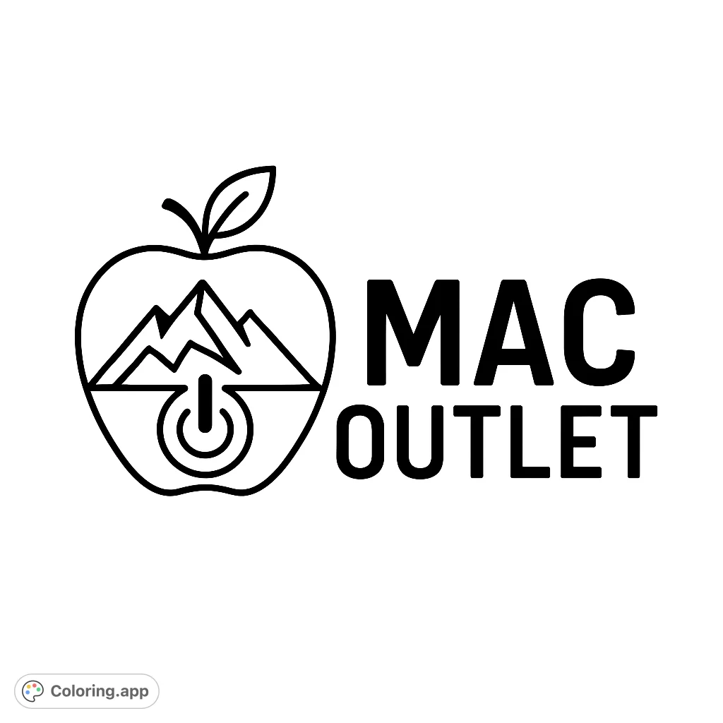 A unique apple outline featuring majestic mountains and a tech power symbol inside, perfect for creative coloring. Free printable coloring page.