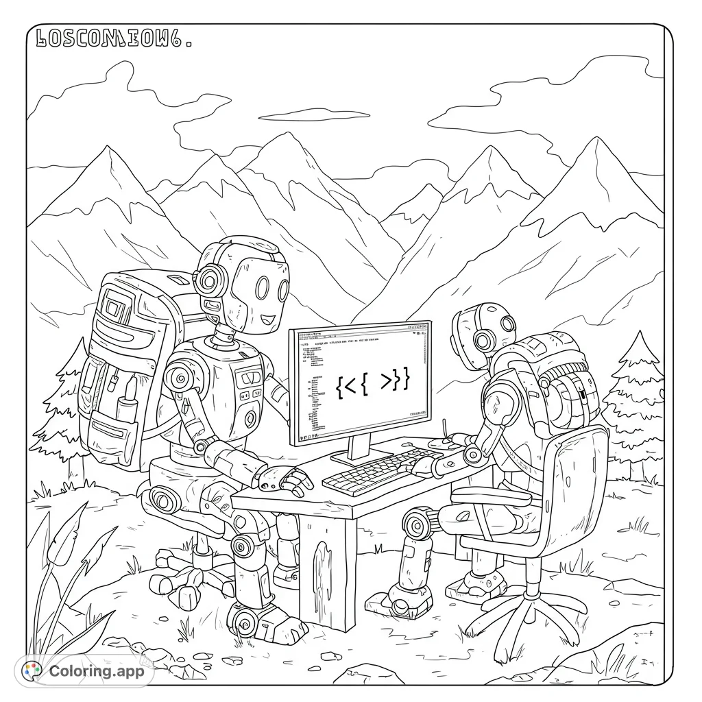 Two friendly robots coding outdoors in a serene mountain landscape. A unique tech-nature blend, perfect for a free printable coloring page.