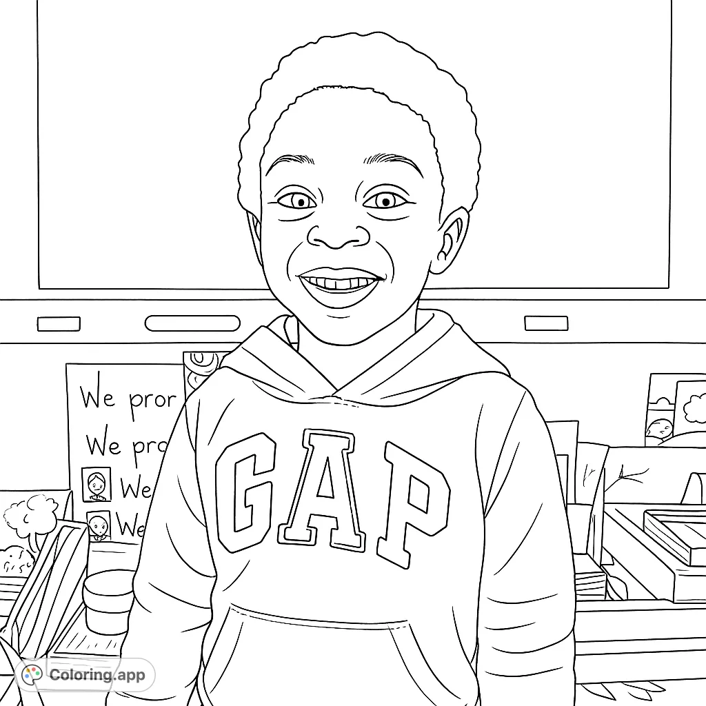 A cheerful boy in a hoodie smiles, ready for coloring fun! Perfect for kids, this free printable coloring page features a happy child.