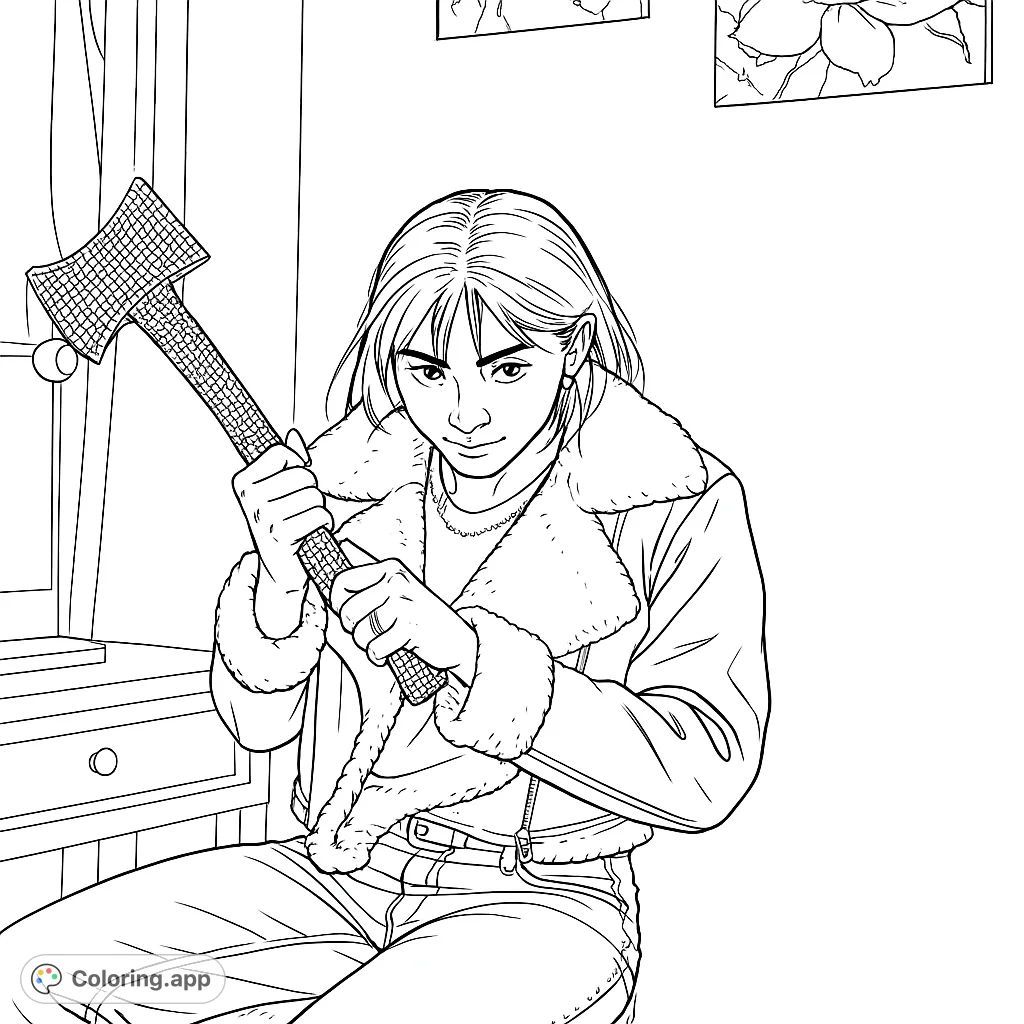 A determined figure in a fur-lined jacket holds an axe, ready for action. A detailed, free printable action coloring page for all ages.