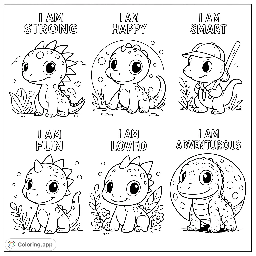 Six adorable baby dinosaurs in unique poses, ready for vibrant colors! A delightful free printable dinosaur coloring page for kids and adults.