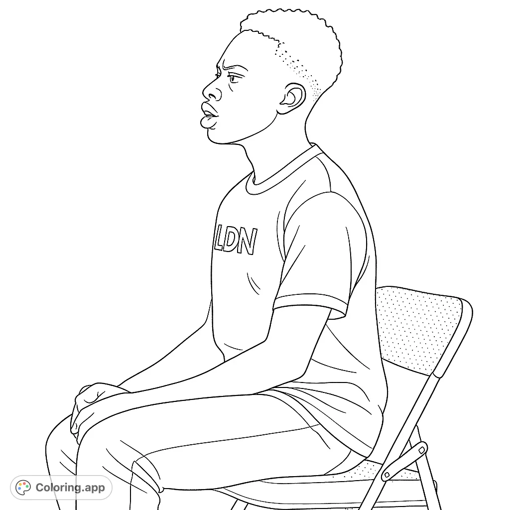 A thoughtful youth sits in profile on a folding chair, ready for your creative colors. A free printable youth portrait coloring page.