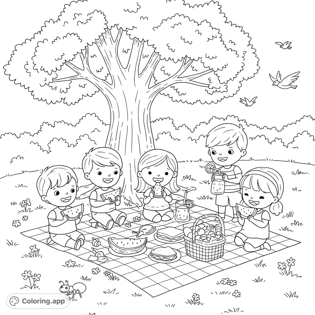 A delightful picnic scene with five happy children enjoying watermelon and snacks under a large tree. Perfect for a fun, free printable coloring page!