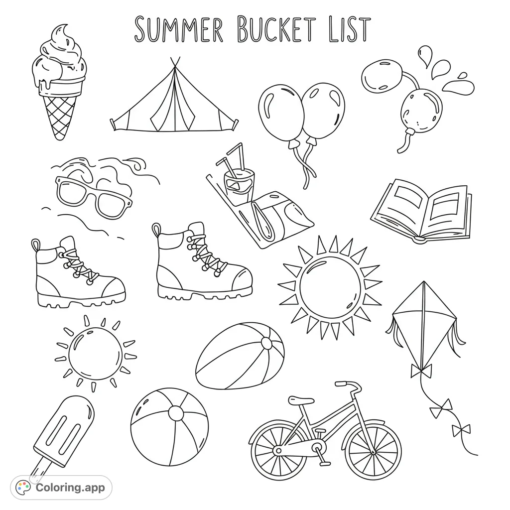 Explore a vibrant summer bucket list coloring page featuring ice cream, camping, beach fun, and outdoor adventures. Free printable for all ages!