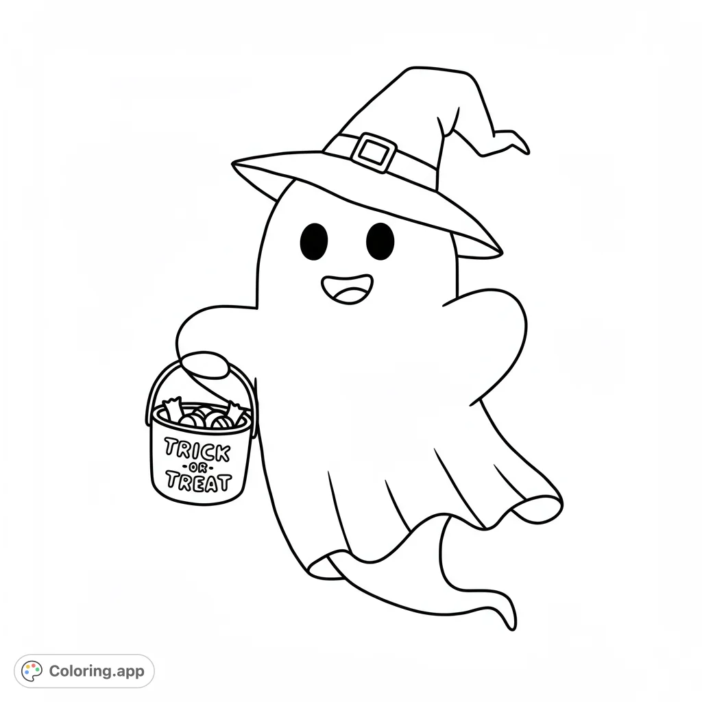 A cute ghost in a witch hat holds a candy bucket, ready for Halloween fun! A free printable Halloween coloring page for kids and adults.