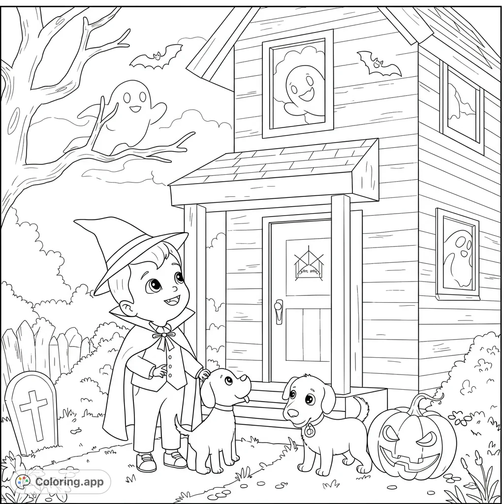 A charming Halloween scene featuring a boy in a witch costume with his two puppies, a spooky house with ghosts, bats, and a jack-o'-lantern. Perfect for festive fun!