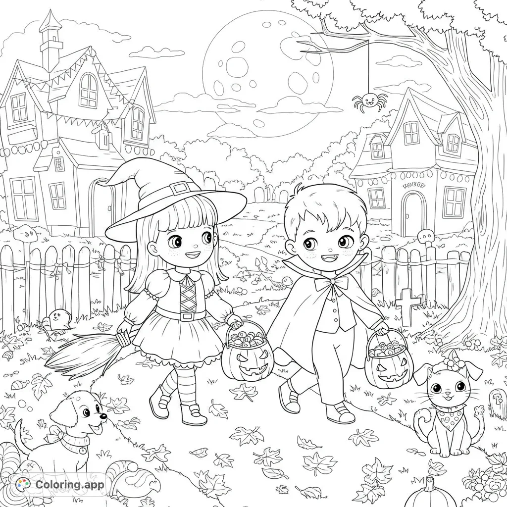 Join a witch and vampire trick-or-treating with their pets under a full moon. A fun Halloween coloring page for kids and adults, full of spooky charm!